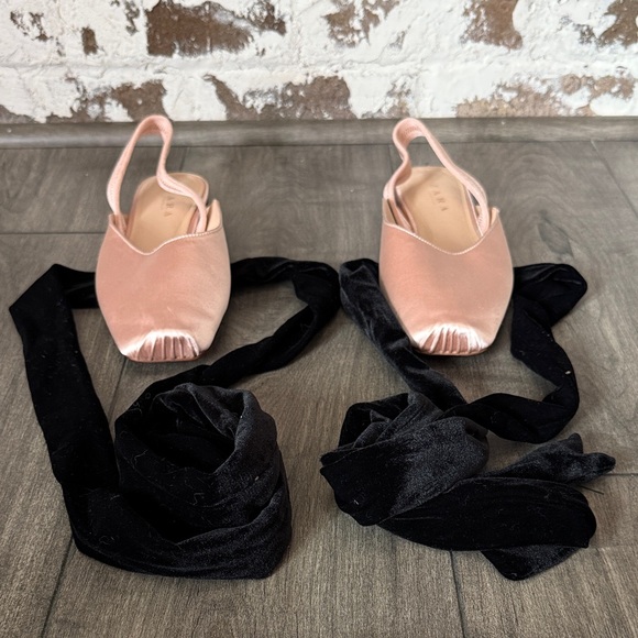 Zara Pink Satin Ballet Slingbacks with Black Ankle Tie - Picture 3 of 9